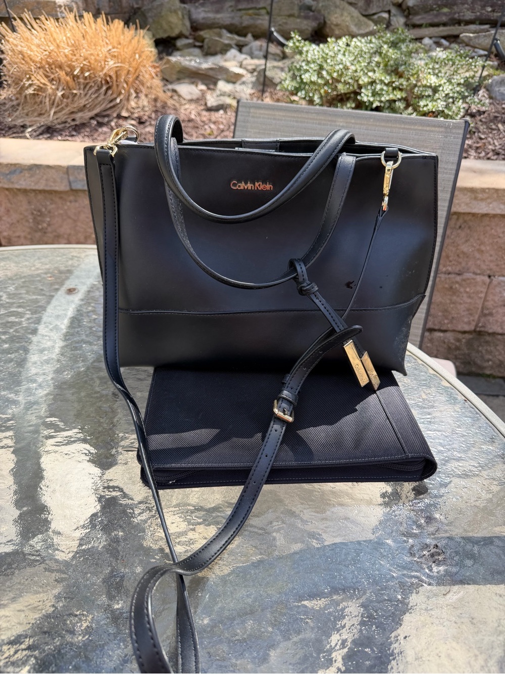 Calvin Klein Black Leather Tote with Gold Accents